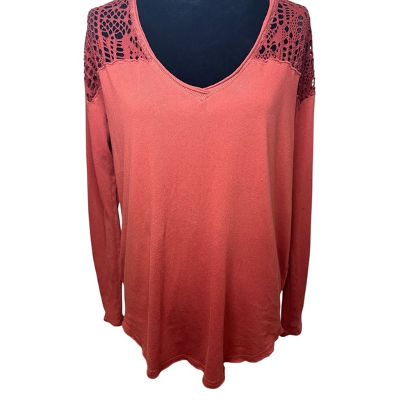 We The Free | Rust Lace Accent Long Sleeve Top | 100% Cotton | Sz L? (Check) - Picture 3 of 10